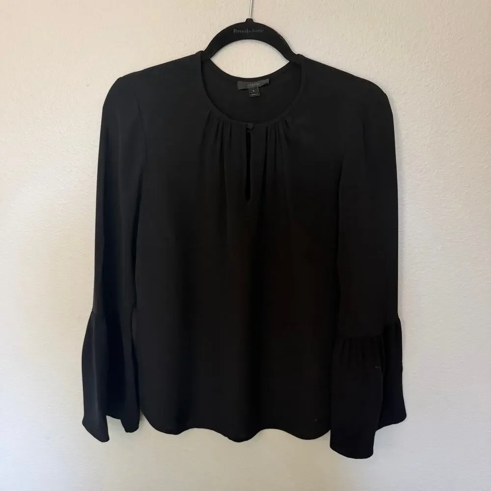J.Crew Black 100% Silk Bell Sleeve Blouse Women's Size 8